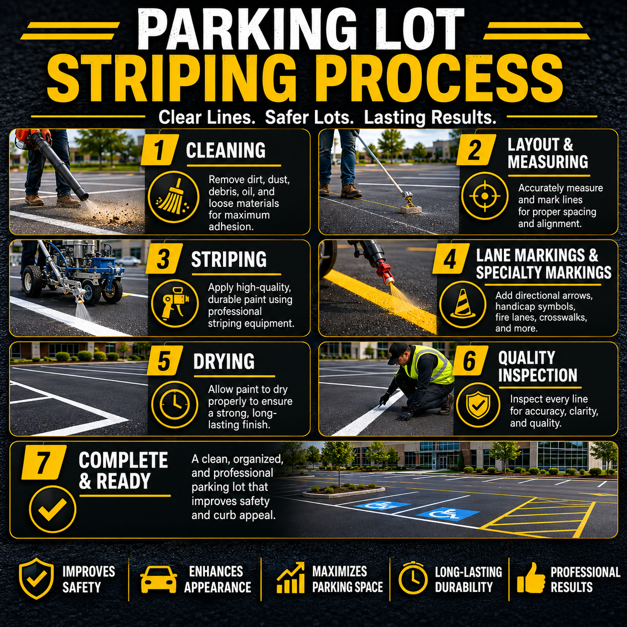 Parking lot striping machine and crew equipment used for commercial pavement markings